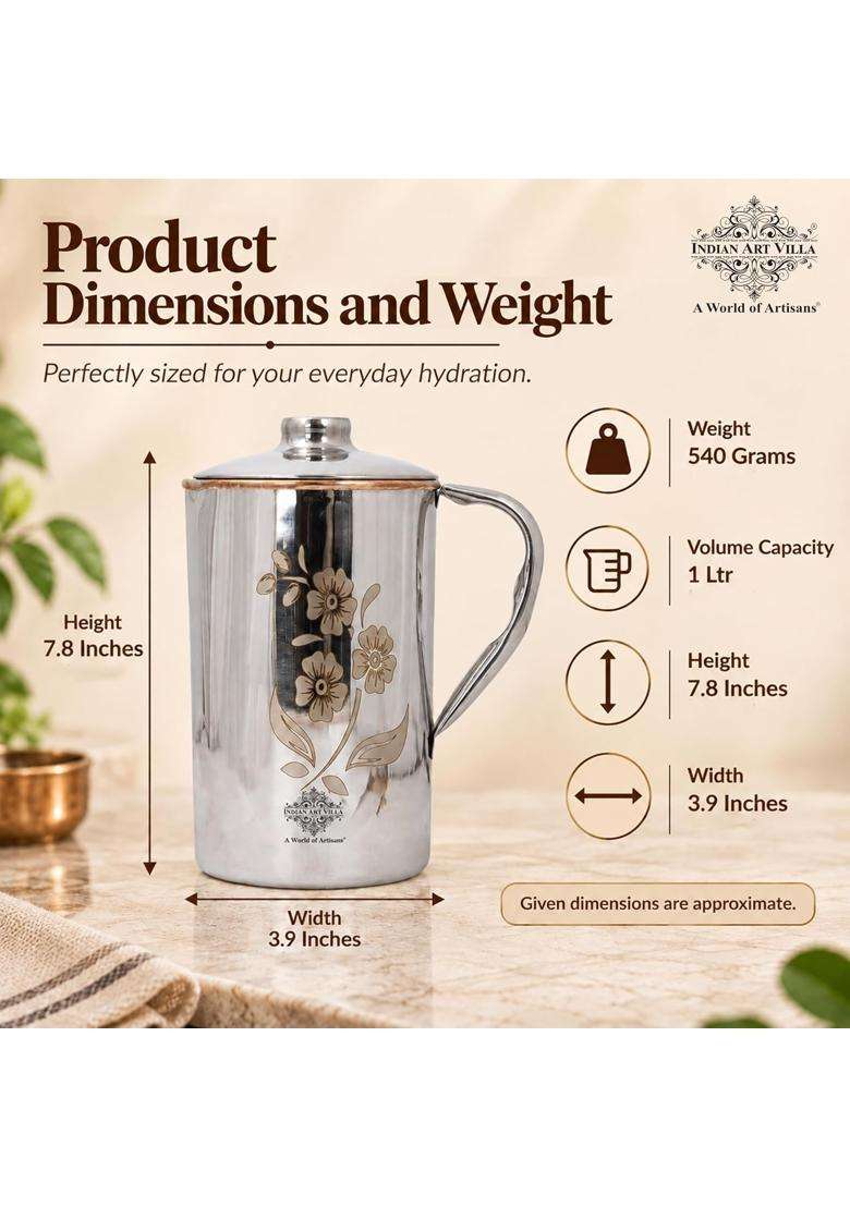 INDIAN ART VILLA Steel Copper Floral Design Jug Pitcher with Lid | 1000 ml | 33.8 fl oz - Indya