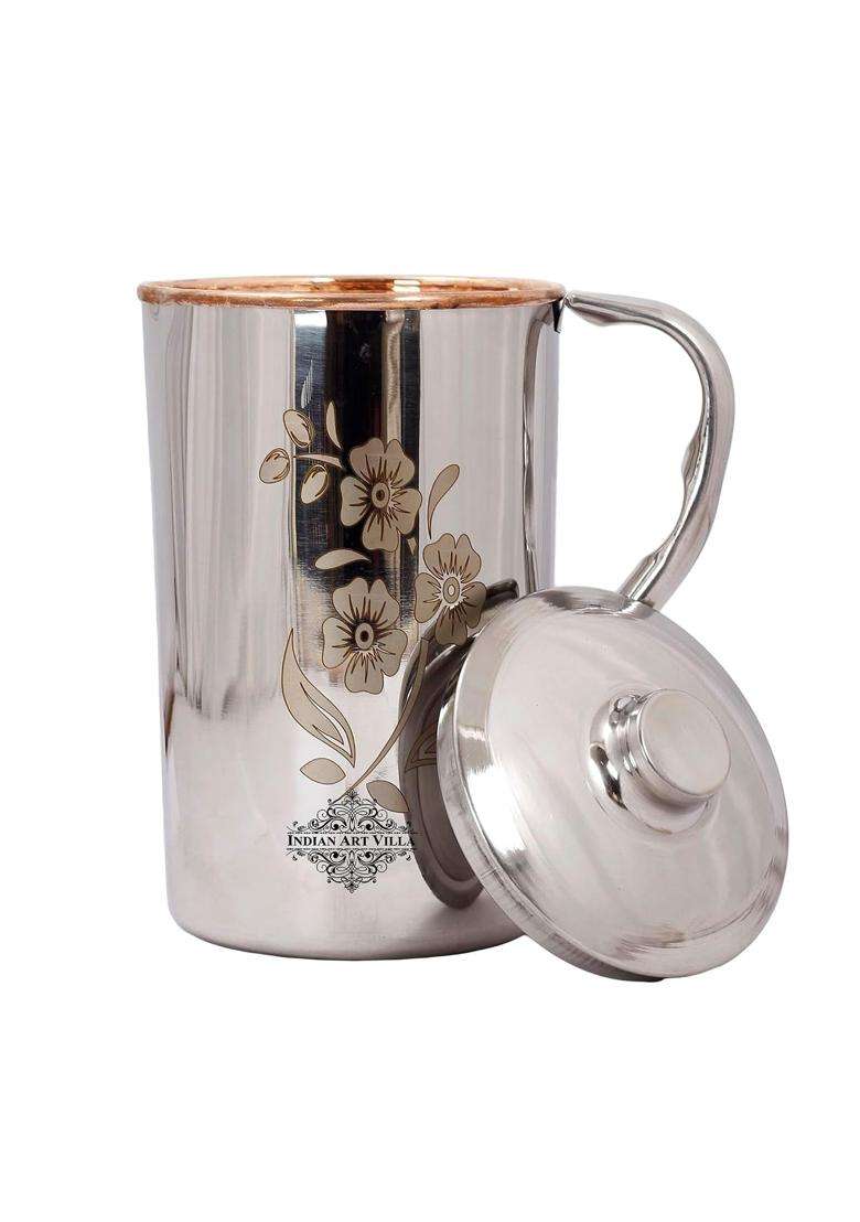 INDIAN ART VILLA Steel Copper Floral Design Jug Pitcher with Lid | 1000 ml | 33.8 fl oz - Indya