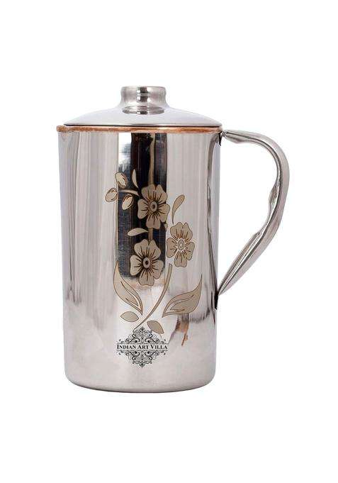 INDIAN ART VILLA Steel Copper Floral Design Jug Pitcher with Lid | 1000 ml | 33.8 fl oz