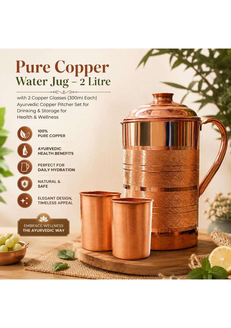 Adoko Pure Copper Water Jug with 2 Copper Glasses | 2 L | 2.1 Qt - Indya