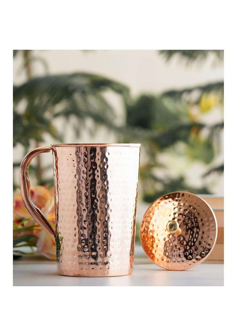 INDIAN ART VILLA IndianArtVilla Pure Copper Jug Pitcher | 1 L | 1.1 Qt | Hammered Finish - Indya