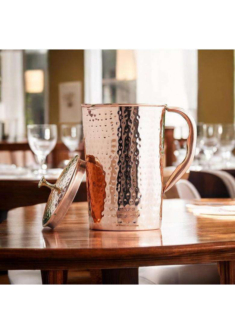 INDIAN ART VILLA IndianArtVilla Pure Copper Jug Pitcher | 1 L | 1.1 Qt | Hammered Finish - Indya
