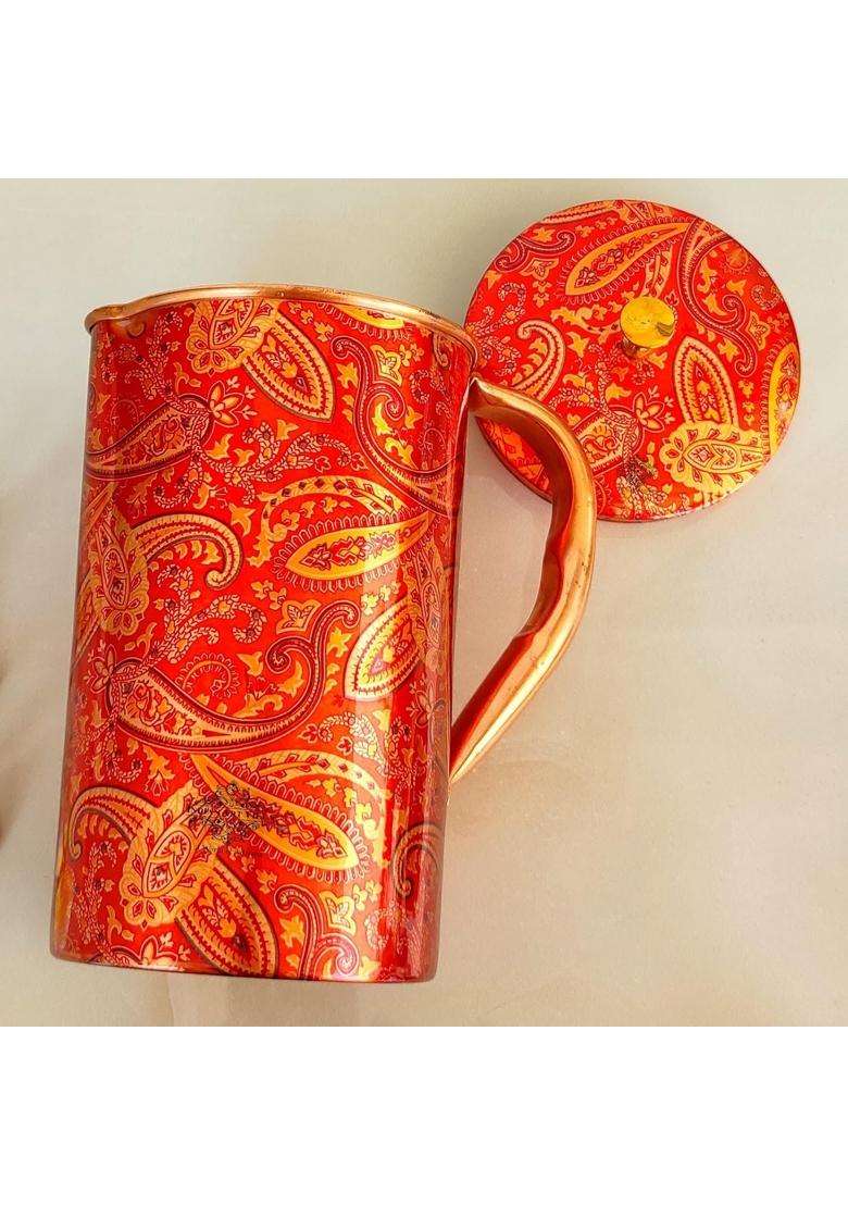 INDIAN ART VILLA Copper Printed Paisley Design Water Jug | 1500 ml | 50.7 fl oz - Indya