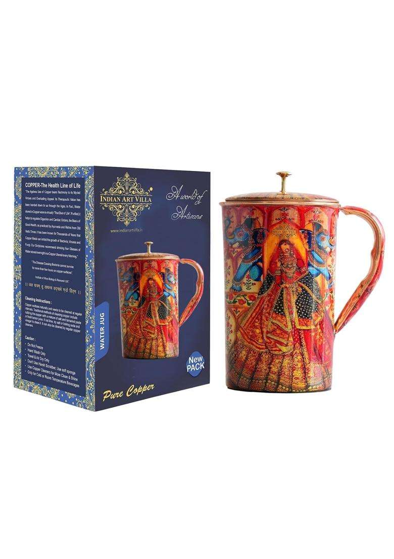INDIAN ART VILLA Copper Water Jug Rajasthani Theme Printed | 1.5 L | 1.6 Qt - Indya