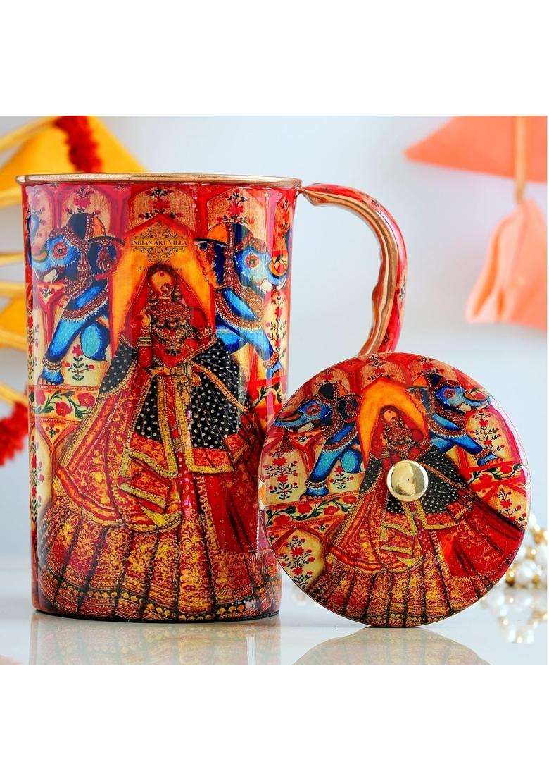 INDIAN ART VILLA Copper Water Jug Rajasthani Theme Printed | 1.5 L | 1.6 Qt - Indya
