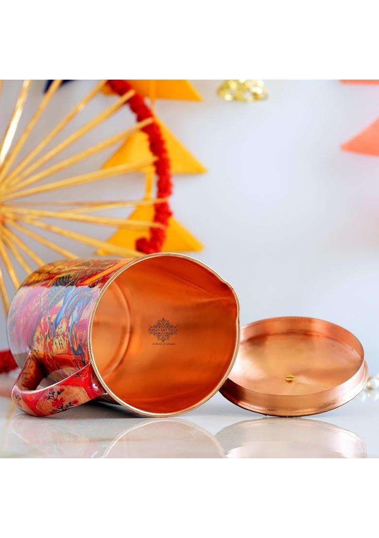 INDIAN ART VILLA Copper Water Jug Rajasthani Theme Printed | 1.5 L | 1.6 Qt - Indya