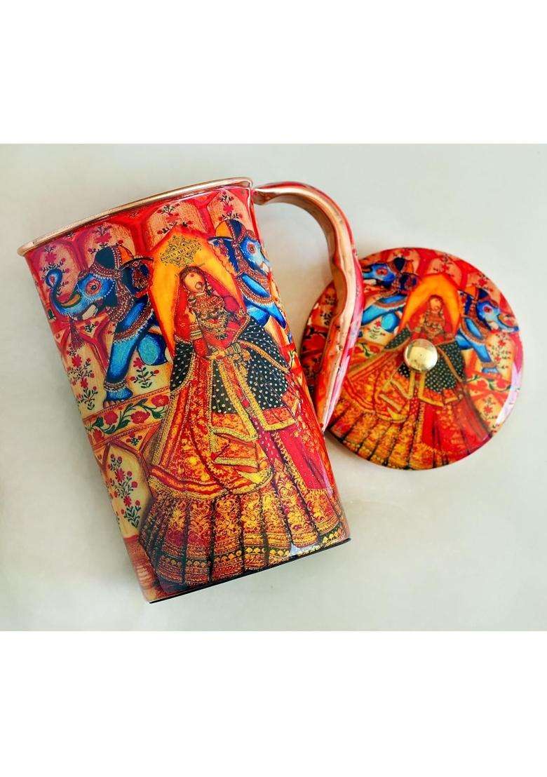 INDIAN ART VILLA Copper Water Jug Rajasthani Theme Printed | 1.5 L | 1.6 Qt - Indya