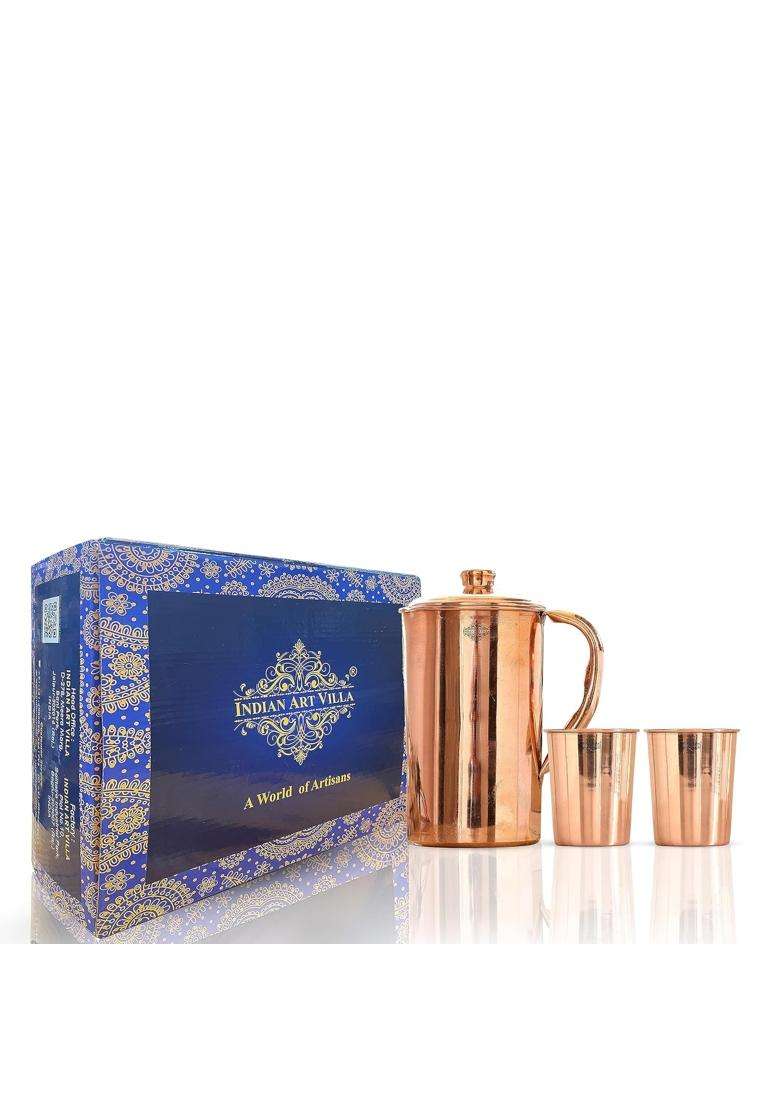 INDIAN ART VILLA Handmade Copper Jug with 2 Glass | 3-Piece Set - Indya