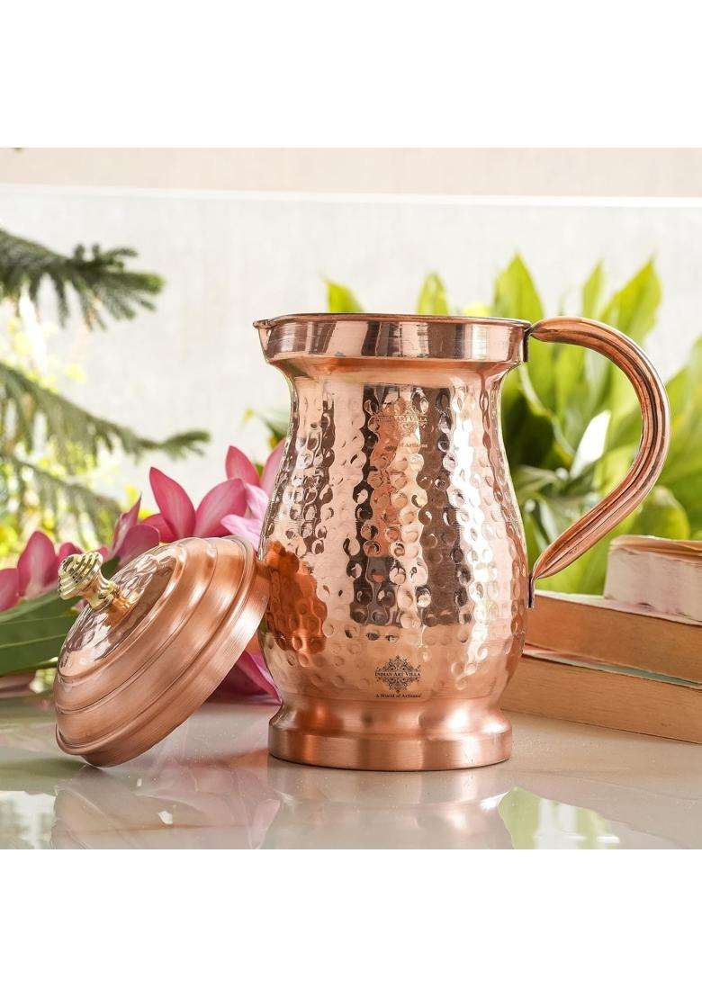 INDIAN ART VILLA Hammered Mughlai Design Copper Jug Pitcher | 1600 ml | 54.1 fl oz - Indya