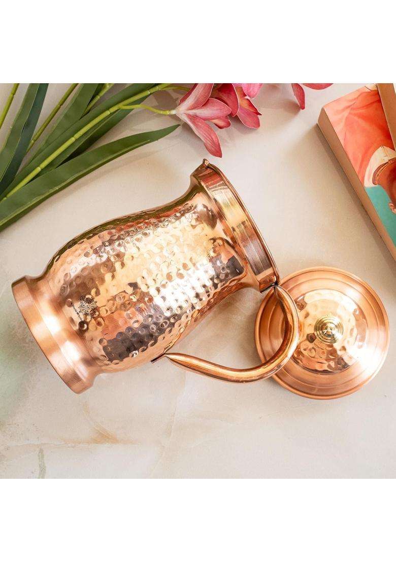 INDIAN ART VILLA Hammered Mughlai Design Copper Jug Pitcher | 1600 ml | 54.1 fl oz - Indya