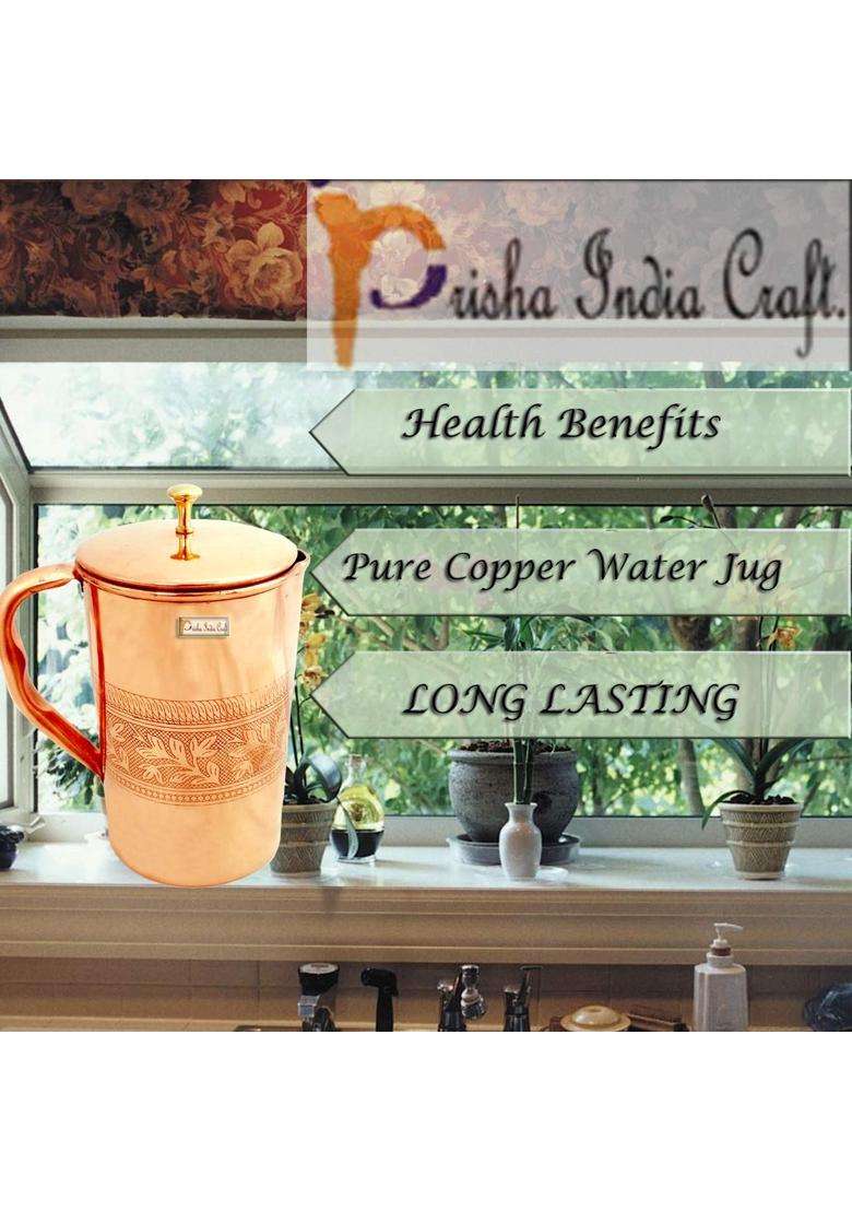 Prisha India Craft Pure Copper Jug Water Pitcher | 1.6 L | 1.7 Qt - Indya