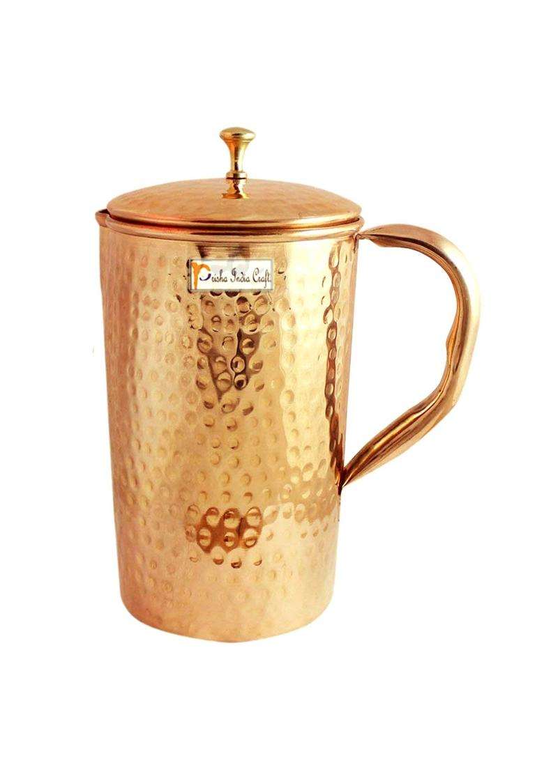 Prisha India Craft Pure Copper Jug Pitcher | 1600 ml | 54.1 fl oz | Hammered Finish - Indya