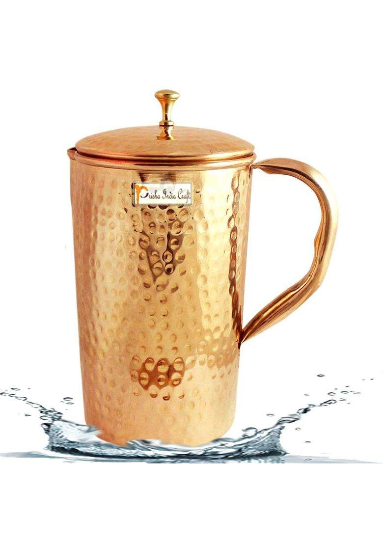Prisha India Craft Pure Copper Jug Pitcher | 1600 ml | 54.1 fl oz | Hammered Finish - Indya