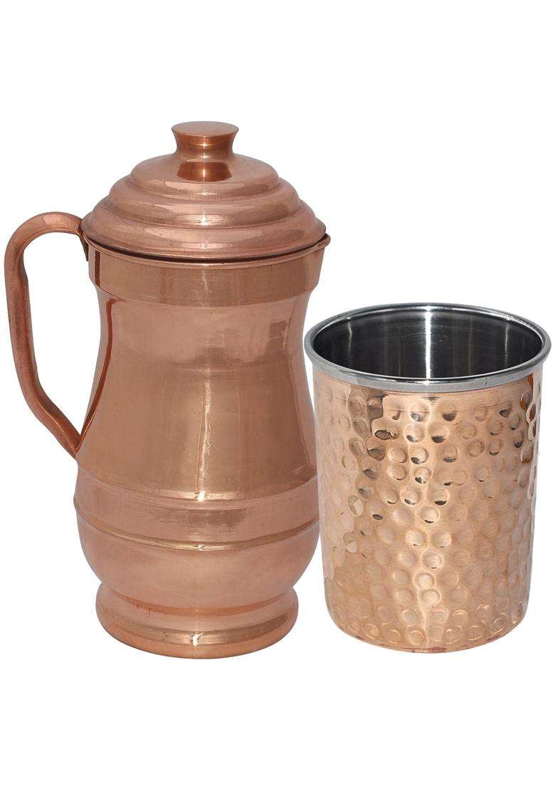 Prisha India Craft Pure Copper Jug Pitcher with 1 Tumbler Glass | 1800 ml | 60.9 fl oz - Indya