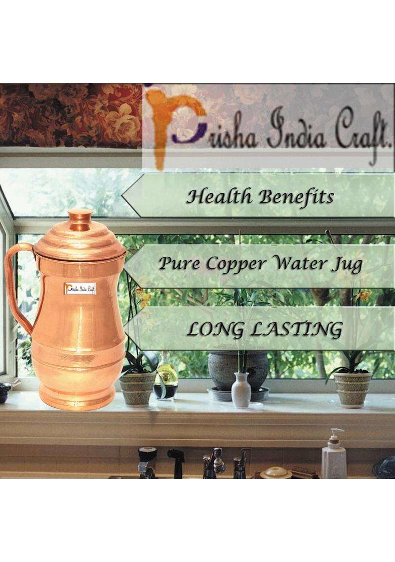 Prisha India Craft Pure Copper Jug Pitcher with 1 Tumbler Glass | 1800 ml | 60.9 fl oz - Indya