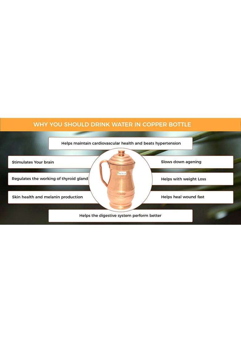 Prisha India Craft Pure Copper Jug Pitcher with 1 Tumbler Glass | 1800 ml | 60.9 fl oz - Indya