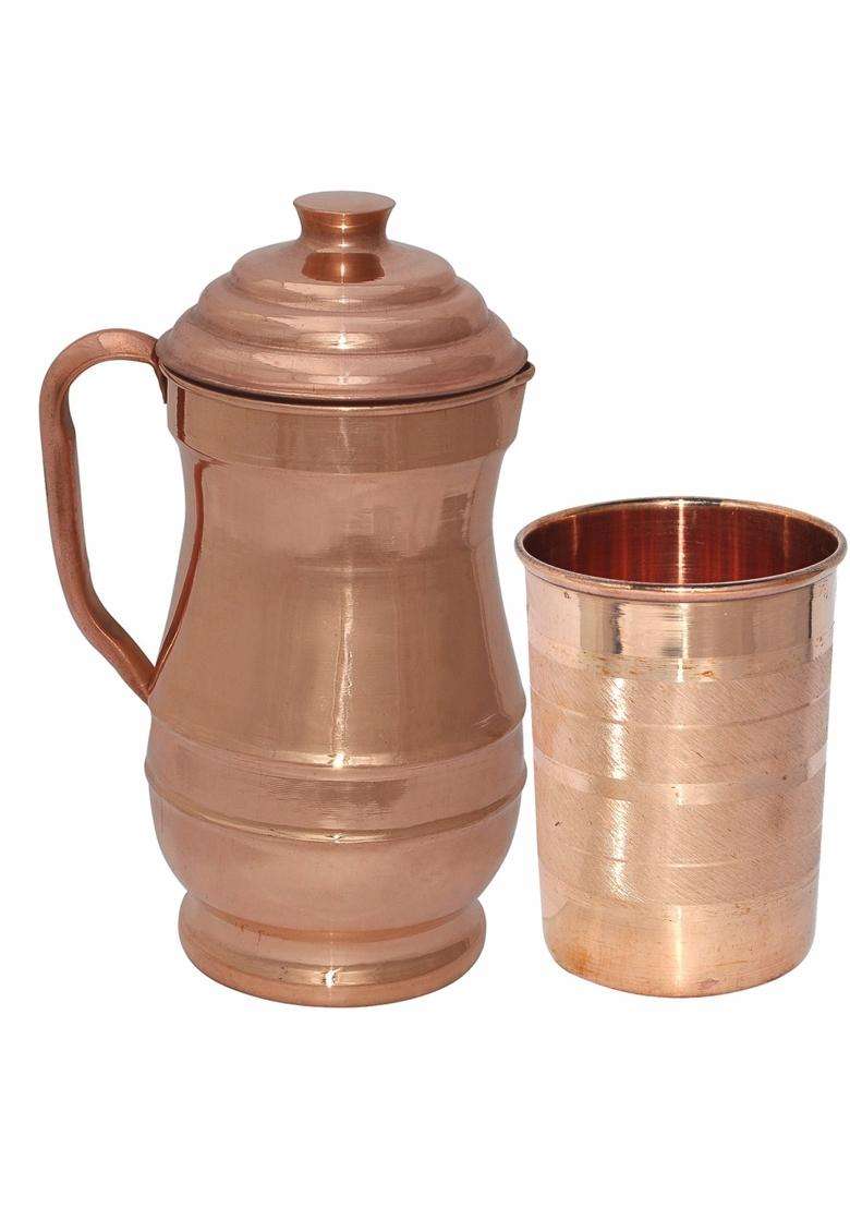 Prisha India Craft Pure Copper Jug Pitcher with 1 Tumbler Glass | 1800 ml | 60.9 fl oz - Indya