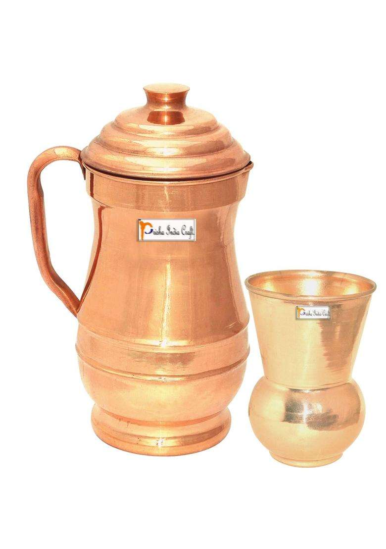 Prisha India Craft Pure Copper Maharaja Jug Pitcher with 1 Copper Tumbler Glass | 1800 ml | 60.9 fl oz - Indya