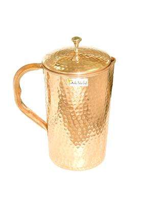 Prisha India Craft Pure Copper Water Jug Pitcher | 1600 ml | 54.1 fl oz | 2-Piece Set | Hammered Finish