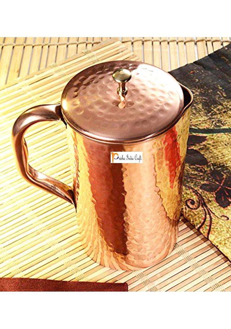 Prisha India Craft Pure Copper Water Jug Pitcher | 1600 ml | 54.1 fl oz | 2-Piece Set | Hammered Finish - Indya