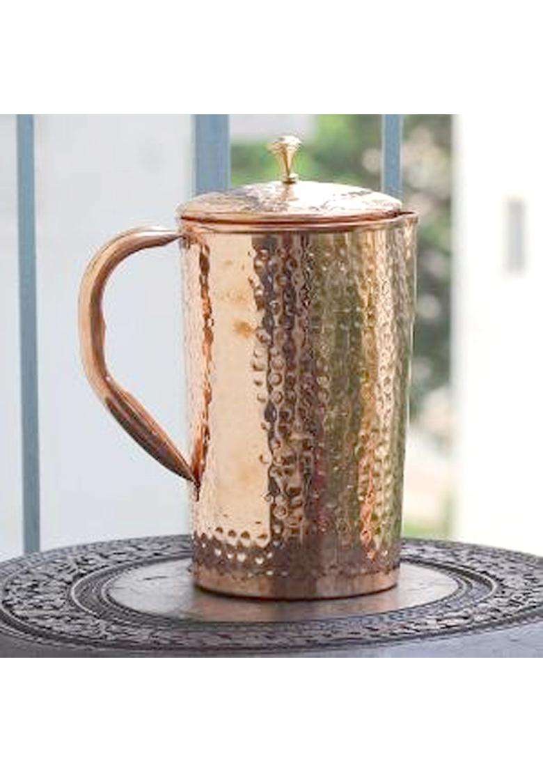 Prisha India Craft Pure Copper Water Jug Pitcher | 1600 ml | 54.1 fl oz | 2-Piece Set | Hammered Finish - Indya