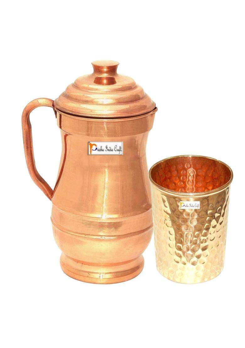 Prisha India Craft Pure Copper Jug Pitcher with 1 Copper Glass Tumbler | 1800 ml | 60.9 fl oz - Indya