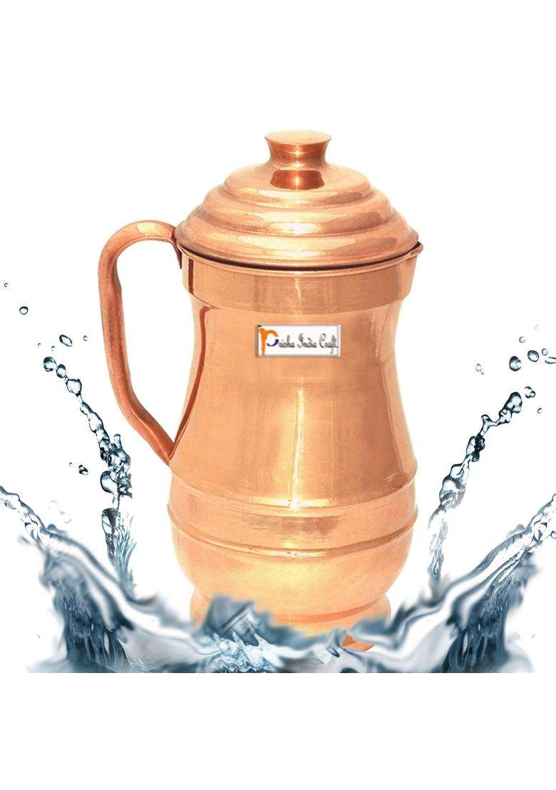 Prisha India Craft Pure Copper Jug Pitcher with 1 Copper Glass Tumbler | 1800 ml | 60.9 fl oz - Indya