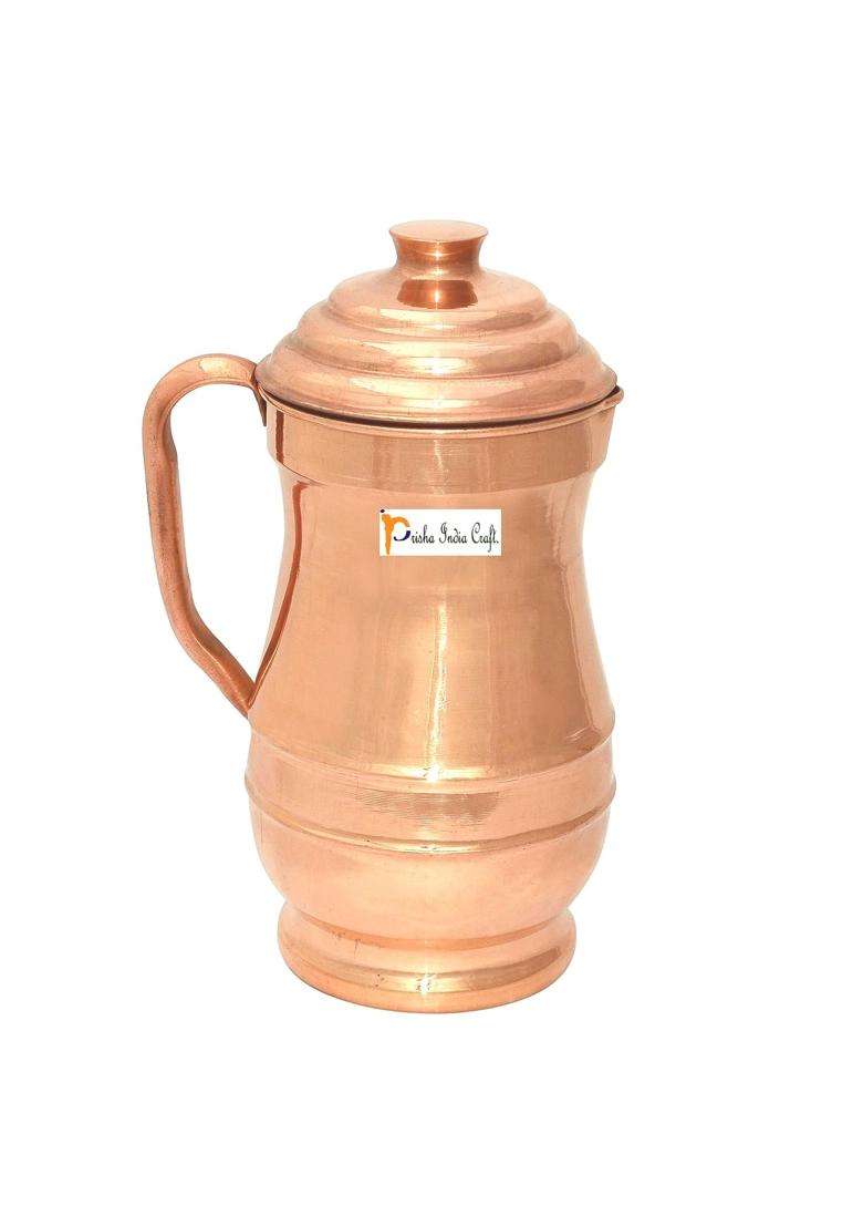 Prisha India Craft Pure Copper Jug Pitcher with 1 Copper Glass Tumbler | 1800 ml | 60.9 fl oz - Indya
