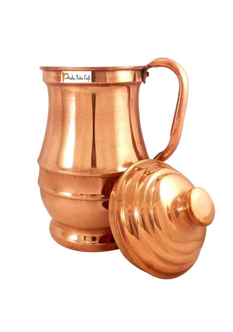 Prisha India Craft Pure Copper Jug Pitcher with 1 Copper Glass Tumbler | 1800 ml | 60.9 fl oz - Indya