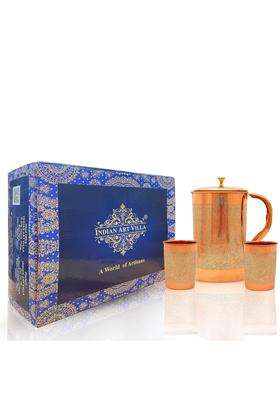 INDIAN ART VILLA Pure Copper Drinkware Gift Jug and 2 Glass with Gift Box and Embossed Design | 1500 ml | 50.7 fl oz