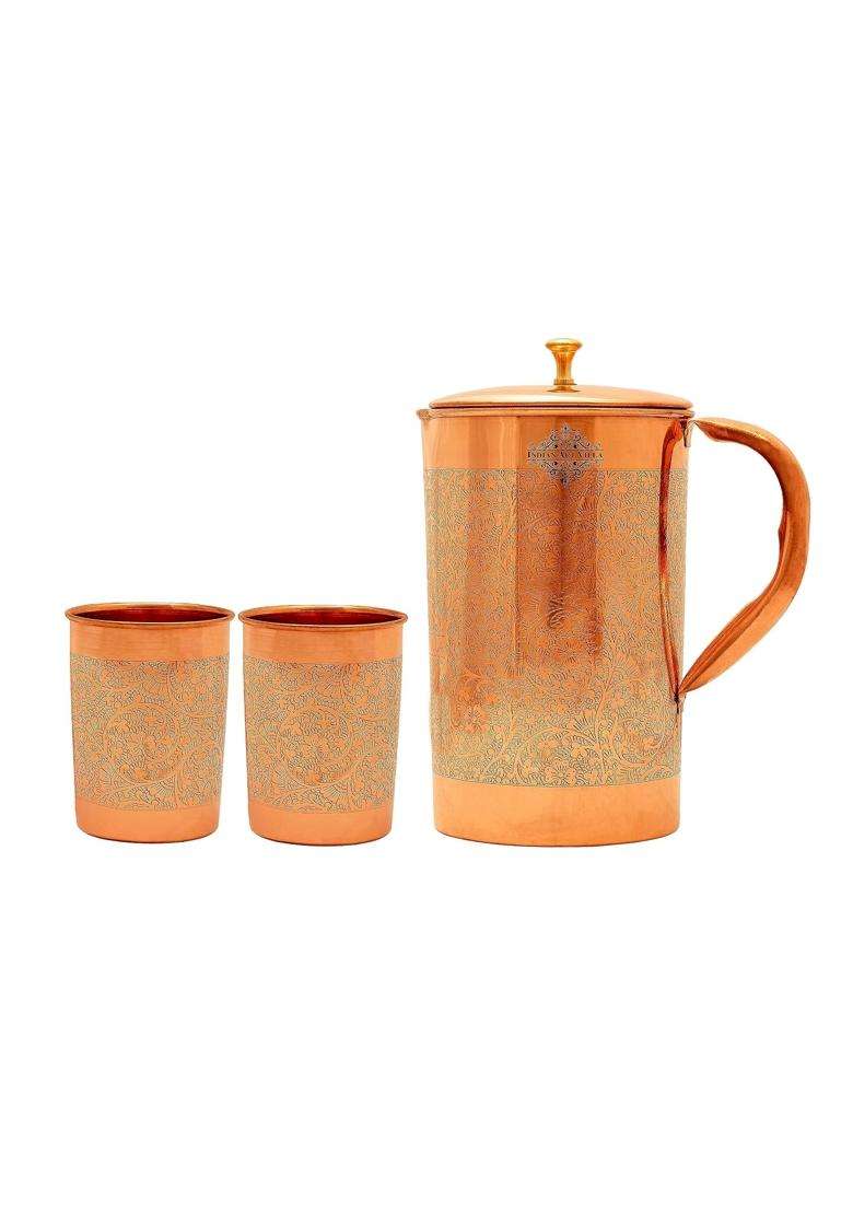 INDIAN ART VILLA Pure Copper Drinkware Gift Jug and 2 Glass with Gift Box and Embossed Design | 1500 ml | 50.7 fl oz - Indya
