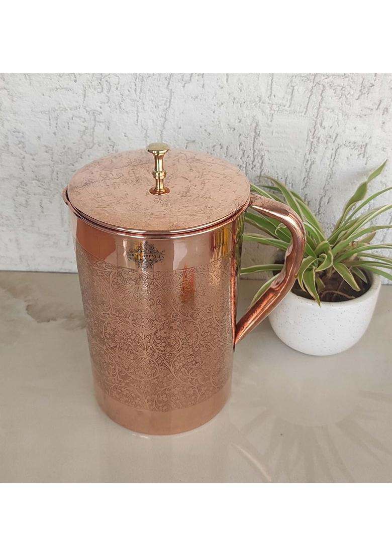 INDIAN ART VILLA Pure Copper Drinkware Gift Jug and 2 Glass with Gift Box and Embossed Design | 1500 ml | 50.7 fl oz - Indya