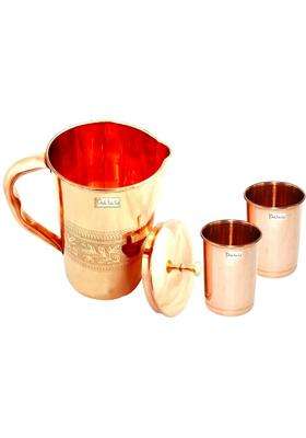 Prisha India Craft Pure Copper Jug Pitcher with 2 Copper Glass Tumbler | 1600 ml | 54.1 fl oz | 3-Piece Set | Hammered Finish