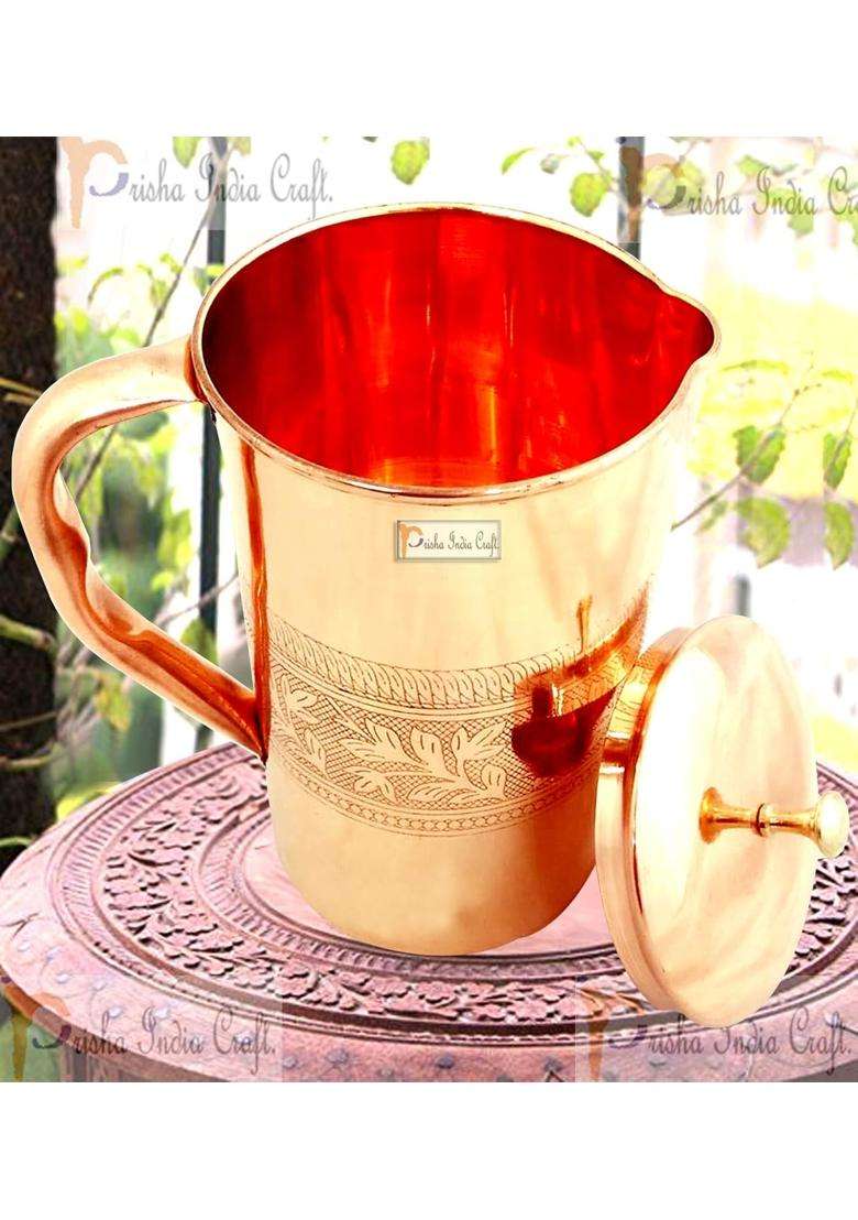 Prisha India Craft Pure Copper Jug Pitcher with 2 Copper Glass Tumbler | 1600 ml | 54.1 fl oz | 3-Piece Set | Hammered Finish - Indya