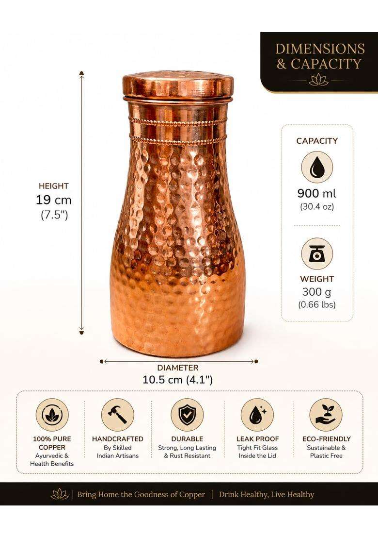 i2collections Pure Copper Water Carafe Set with Glass for Bedside Drinking | 1 L | 1.1 Qt | Handcrafted | Hammered Finish - Indya