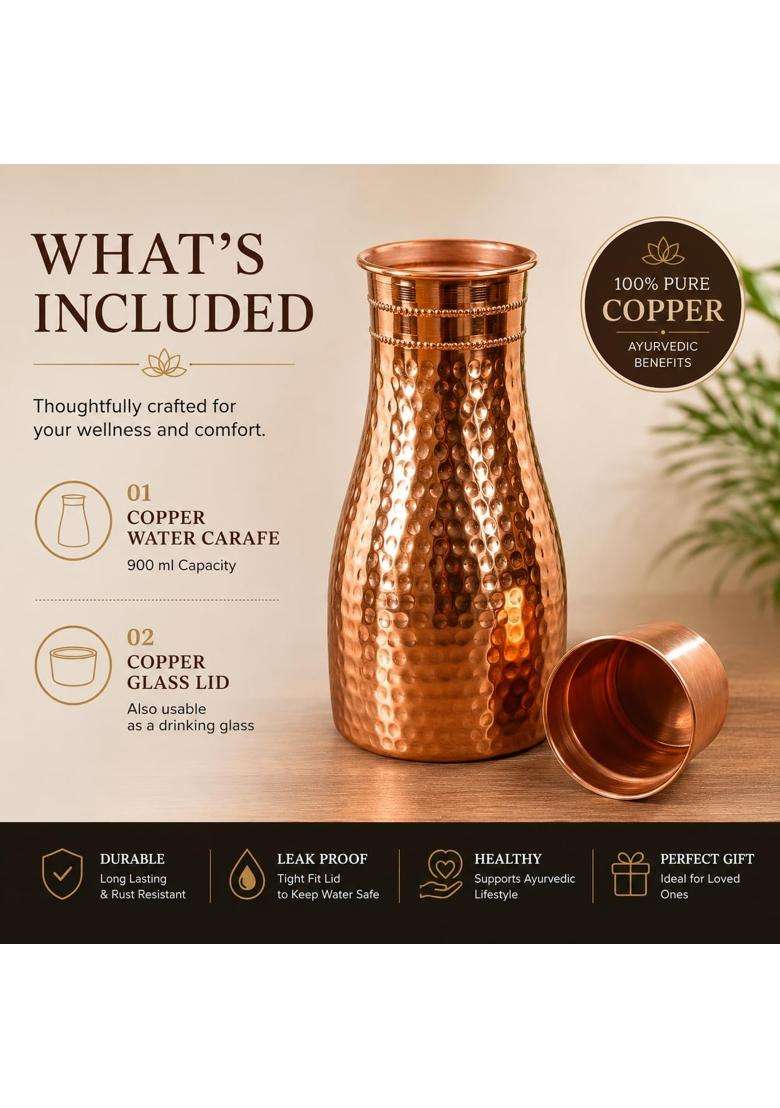 i2collections Pure Copper Water Carafe Set with Glass for Bedside Drinking | 1 L | 1.1 Qt | Handcrafted | Hammered Finish - Indya