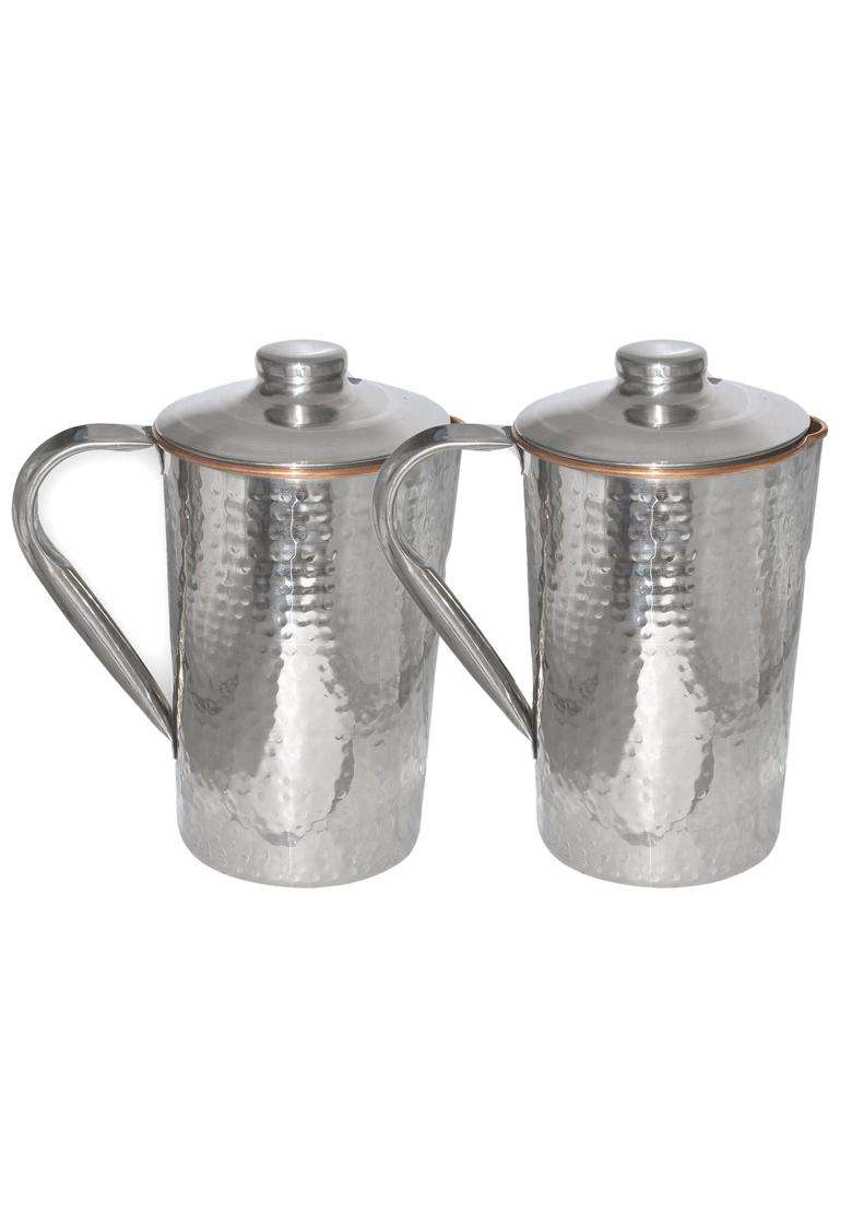 Prisha India Craft Copper Dimple Jug Hammered Design Outside Stainless Steel Copper | 1.6 L | 1.7 Qt | 2-Piece Set - Indya