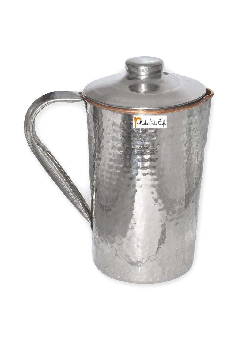 Prisha India Craft Copper Dimple Jug Hammered Design Outside Stainless Steel Copper | 1.6 L | 1.7 Qt | 2-Piece Set - Indya