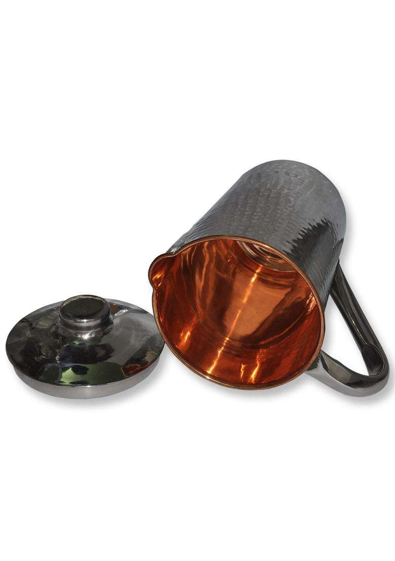 Prisha India Craft Copper Dimple Jug Hammered Design Outside Stainless Steel Copper | 1.6 L | 1.7 Qt | 2-Piece Set - Indya