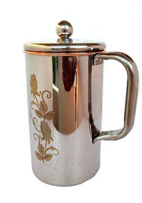 Yadav Craft Copper Jug Water Pitcher Flower Print Outside Stainless Steel Utensils Inside | 2 L | 2.1 Qt