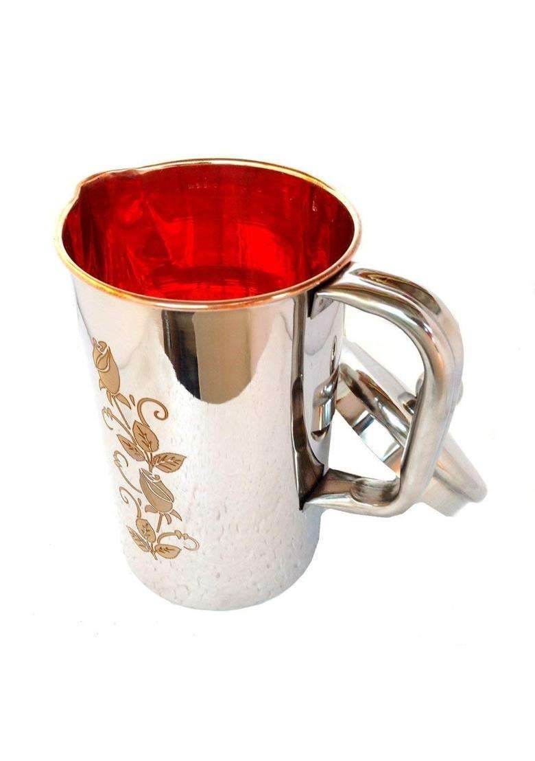 Yadav Craft Copper Jug Water Pitcher Flower Print Outside Stainless Steel Utensils Inside | 2 L | 2.1 Qt - Indya