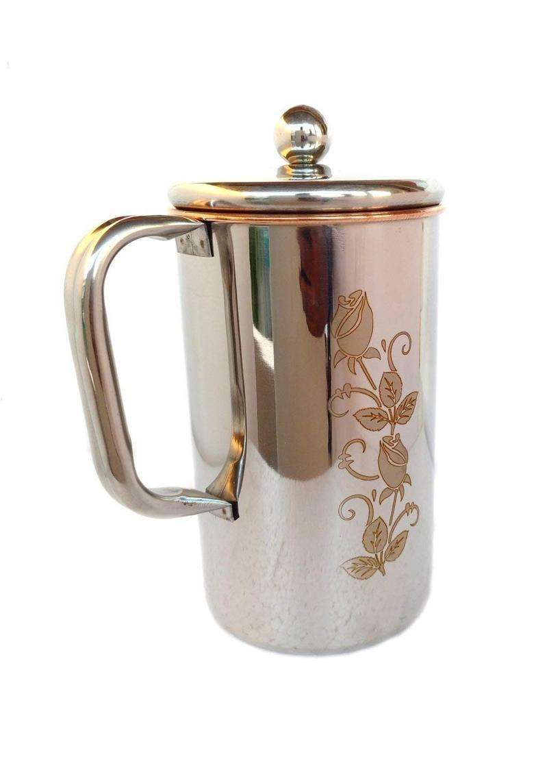 Yadav Craft Copper Jug Water Pitcher Flower Print Outside Stainless Steel Utensils Inside | 2 L | 2.1 Qt - Indya