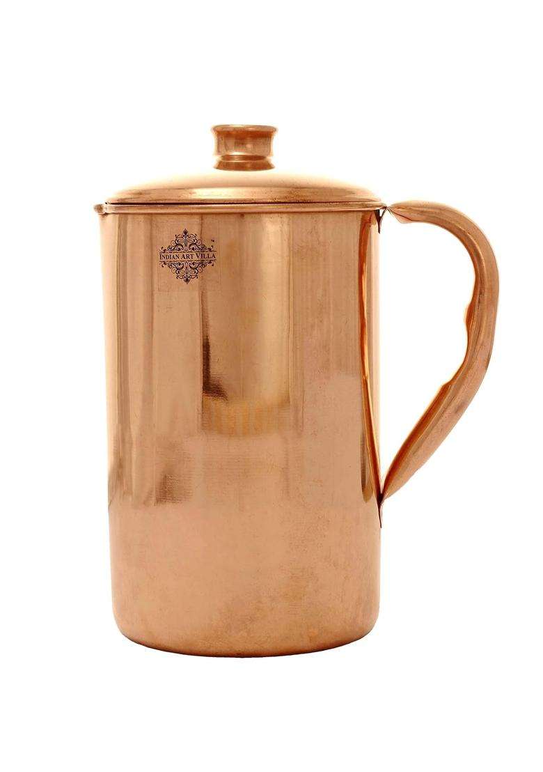 INDIAN ART VILLA Copper Jug Pitcher with 1 Glass Tumbler | 2-Piece Set - Indya