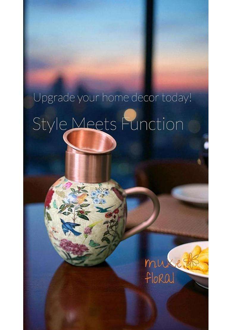 muke floral Premium Floral Designer Copper Jug with Handle | 1.5 L | 1.6 Qt | Handcrafted - Indya