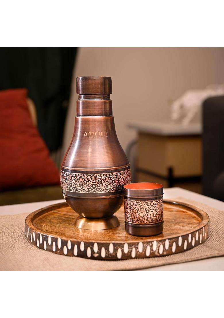 Artarium Pure Copper Floral Etched Design Bronze Jar with Glass Elegant Stylish Antique | 1 L | 1.1 Qt | With Lid - Indya