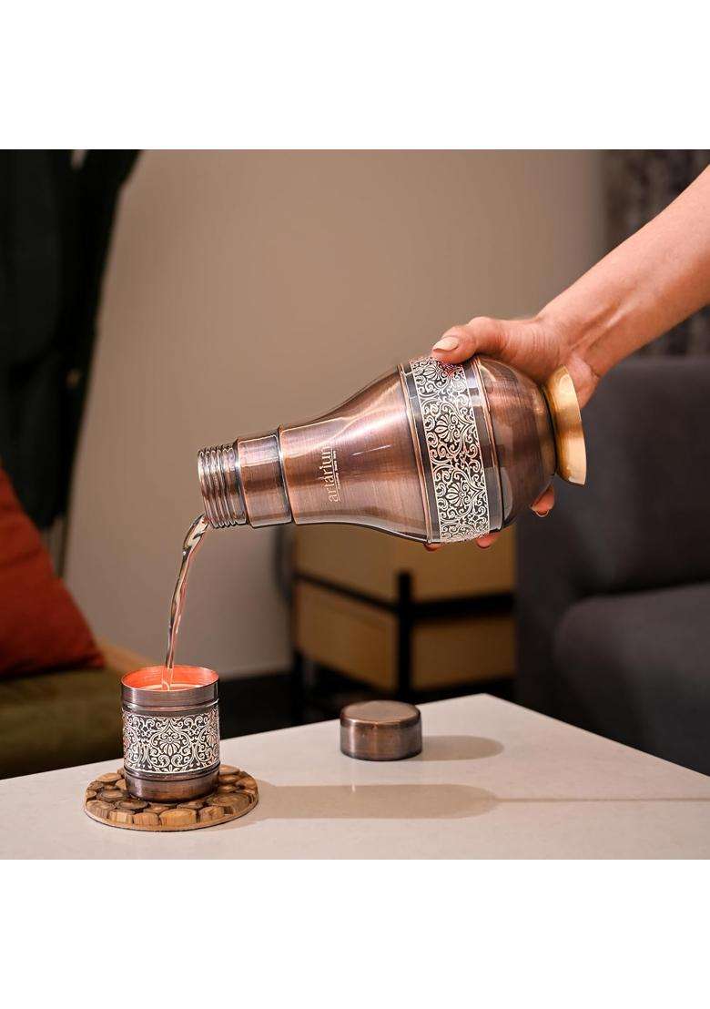 Artarium Pure Copper Floral Etched Design Bronze Jar with Glass Elegant Stylish Antique | 1 L | 1.1 Qt | With Lid - Indya