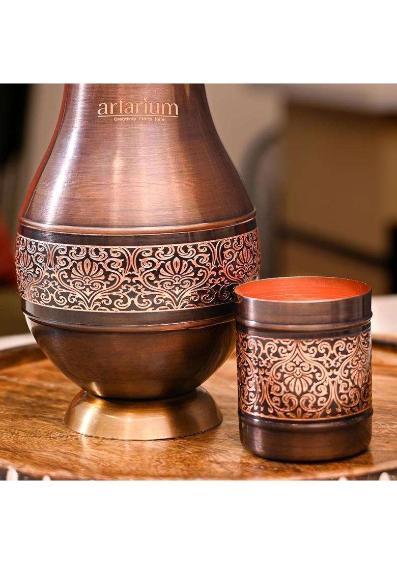 Artarium Pure Copper Floral Etched Design Bronze Jar with Glass Elegant Stylish Antique | 1 L | 1.1 Qt | With Lid - Indya