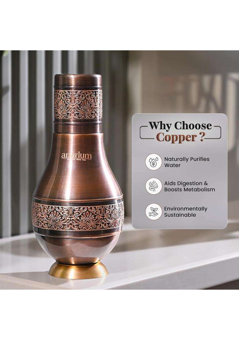 Artarium Pure Copper Floral Etched Design Bronze Jar with Glass Elegant Stylish Antique | 1 L | 1.1 Qt | With Lid - Indya