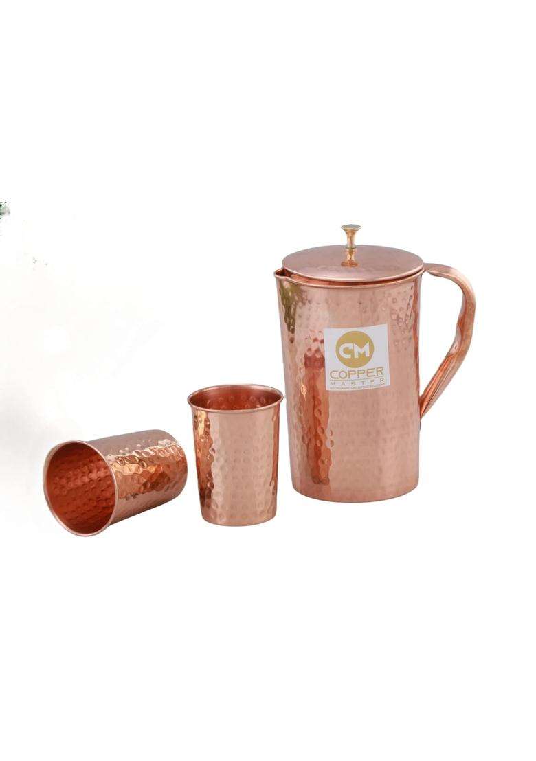 Copper-Master Pure Copper Hammered Design Jug with 2 Copper Glasses Drinkware and Water Storage | 1500 ml | 50.7 fl oz - Indya