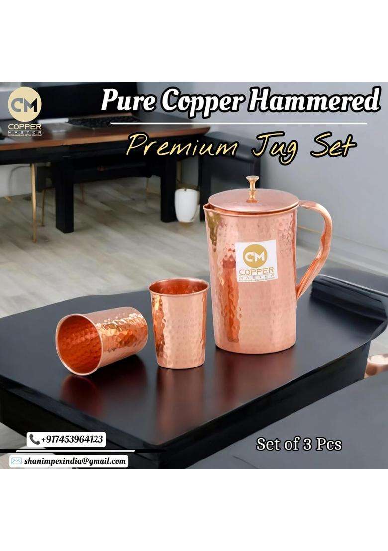 Copper-Master Pure Copper Hammered Design Jug with 2 Copper Glasses Drinkware and Water Storage | 1500 ml | 50.7 fl oz - Indya